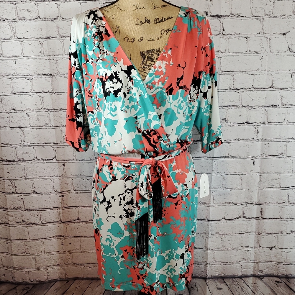 Jessica Simpson Pink and Turquoise Faux Wrap Midi Dress Size M NWT